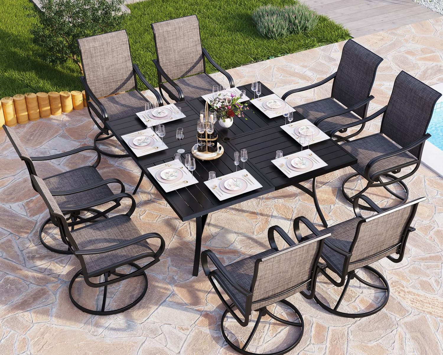 PHI VILLA 9 Pcs Patio Dining Set with Large Square Metal