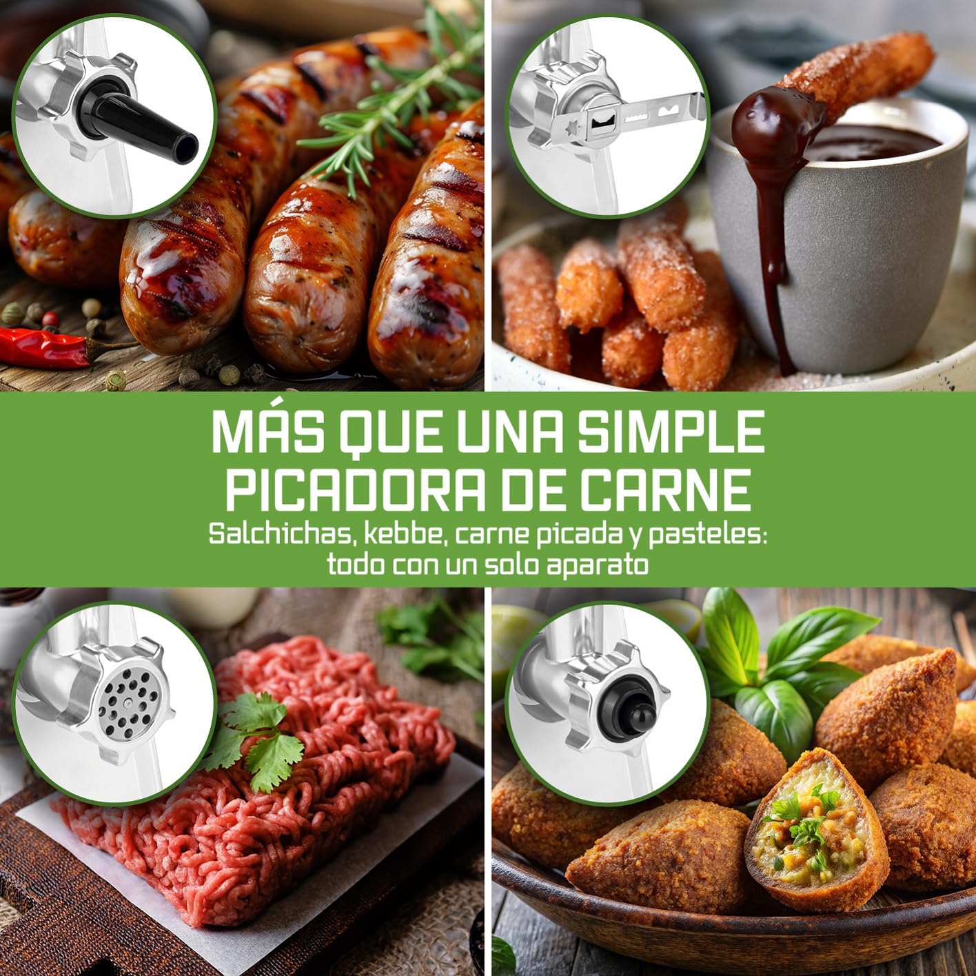 KOCHWERK Picadora de carne eléctrica con diferentes accesorios, procesa hasta 2000 g/min | carne picada, kibbeh, churros, salchichas y más con solo pulsar un botón | fácil manejo y limpieza [1600 W]