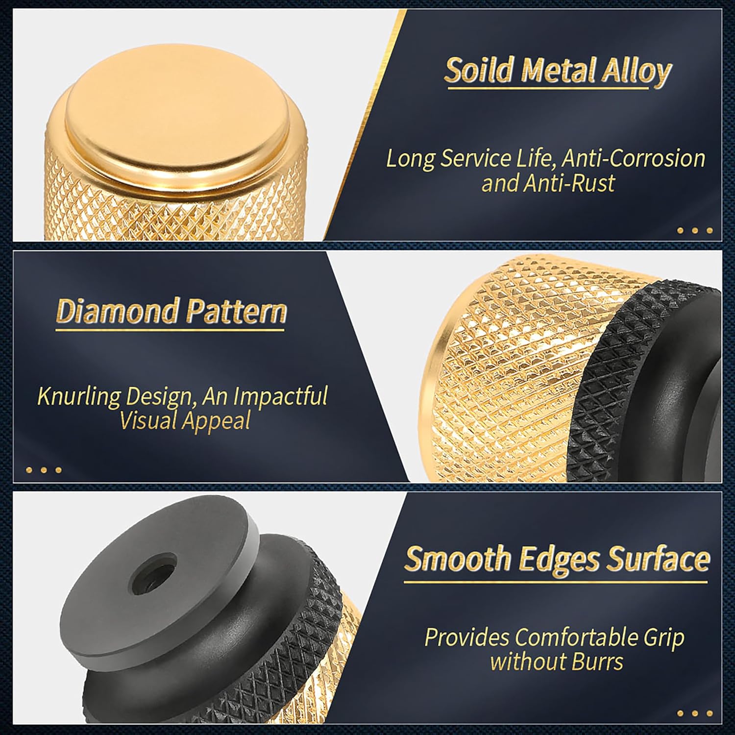 2pcs Knurled Cabinet Knobs, Kitchen Drawer Pulls Decorative Knobs for cabinets and Drawers, Knurled Cabinet Hardware - Black & Gold