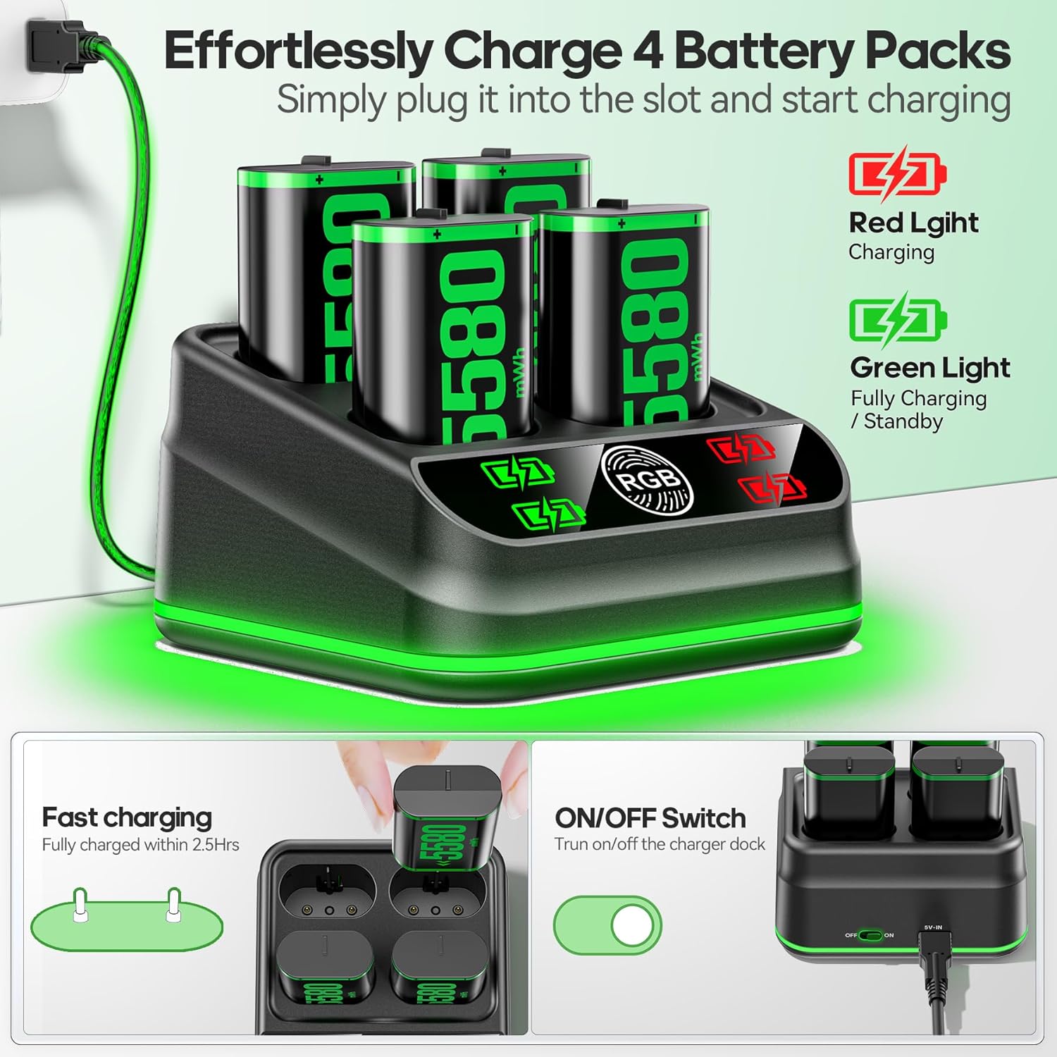 Charger with 4 x 5580mWh Rechargeable Battery Packs for Xbox One/Xbox Series X|S, Rechargeable Batteries for Xbox Controllers with Charging Station for Xbox One/One S|X/Elite