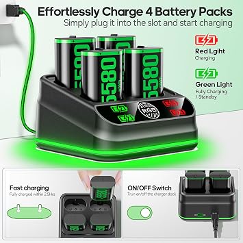 Rysker Charger with 4 x 5580mWh Rechargeable Battery Pack for X Box One X|S/Series X|S Controller, Rechargeable Batteries Charger Station for X Box One Accessories Cases & Storage