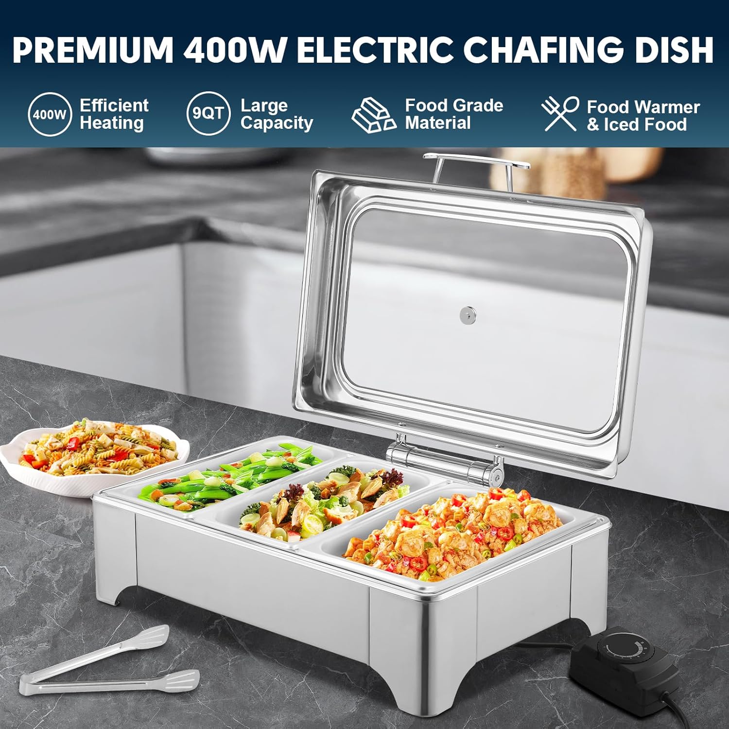 Electric Chafing Dish, 3 x 3QT Electric Food Warmer, Roll Top Stainless Steel Buffet Server with Glass Lids for Catering & Events