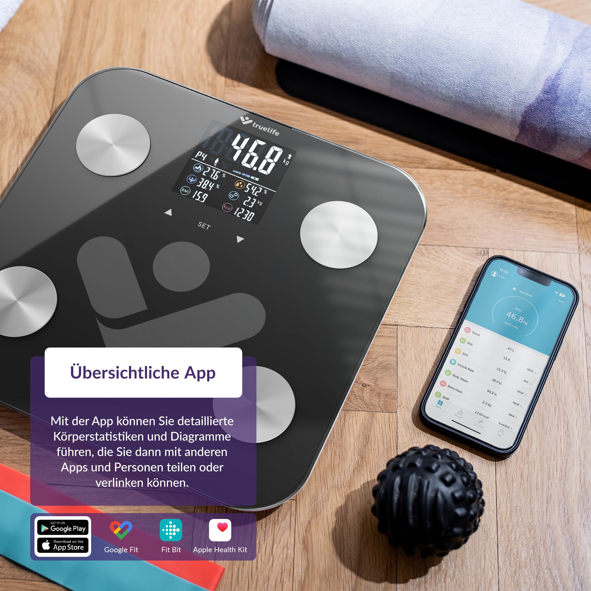 TrueLife FitScale W6 BT Bilancia diagnostica personale Bluetooth, misurazione con analisi dell'impedenza bioelettrica, 19 indici del corpo misurabili, display LCD colorato, fino a 8 utenti, app mobile
