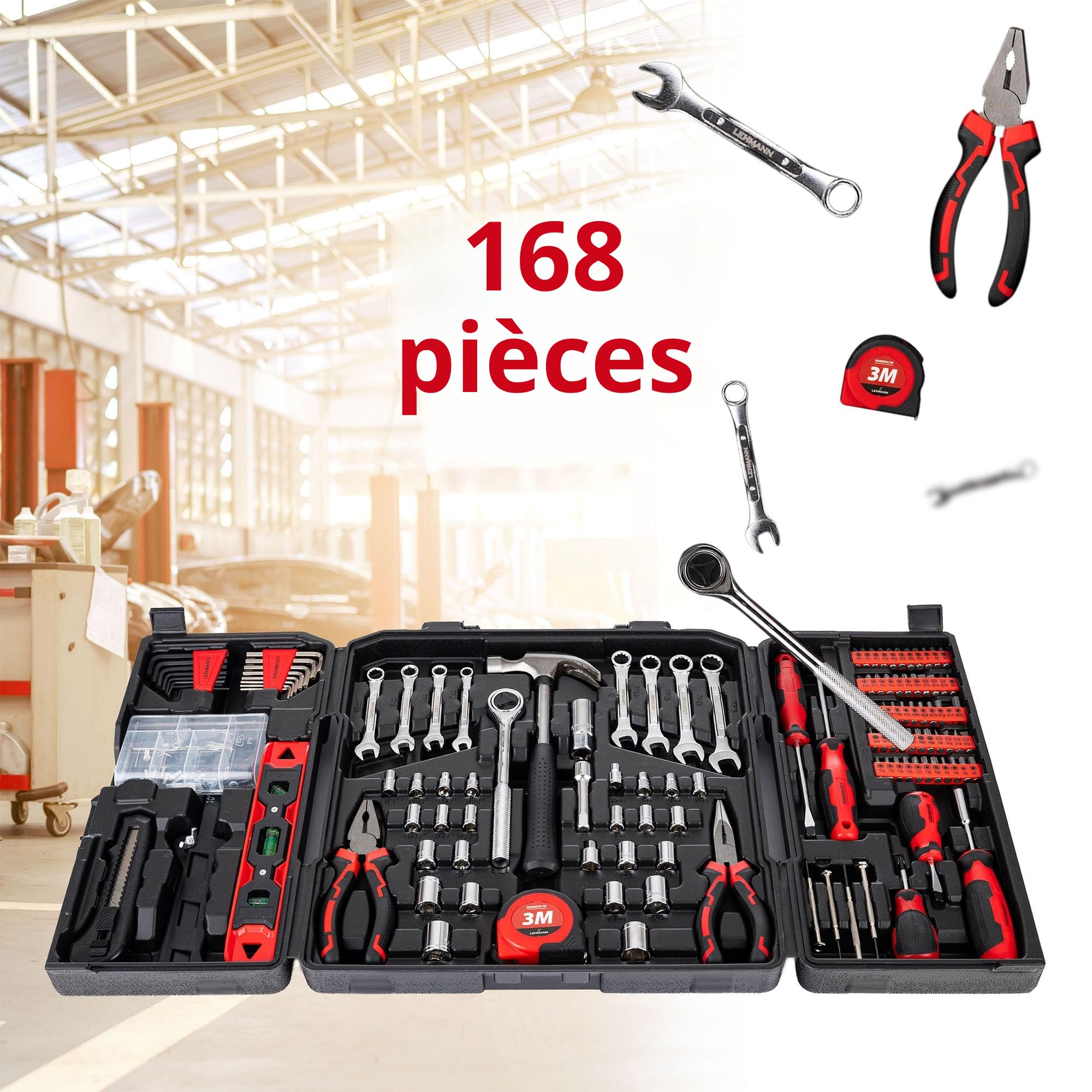 LEHMANN Caisse a Outil Complete 168 pièces, Boîte à Outils Pliante et Portable avec Poignée de Transport, Robuste Kit Outils Bricolage, Outillage pour Bricolage, Maison et Garage