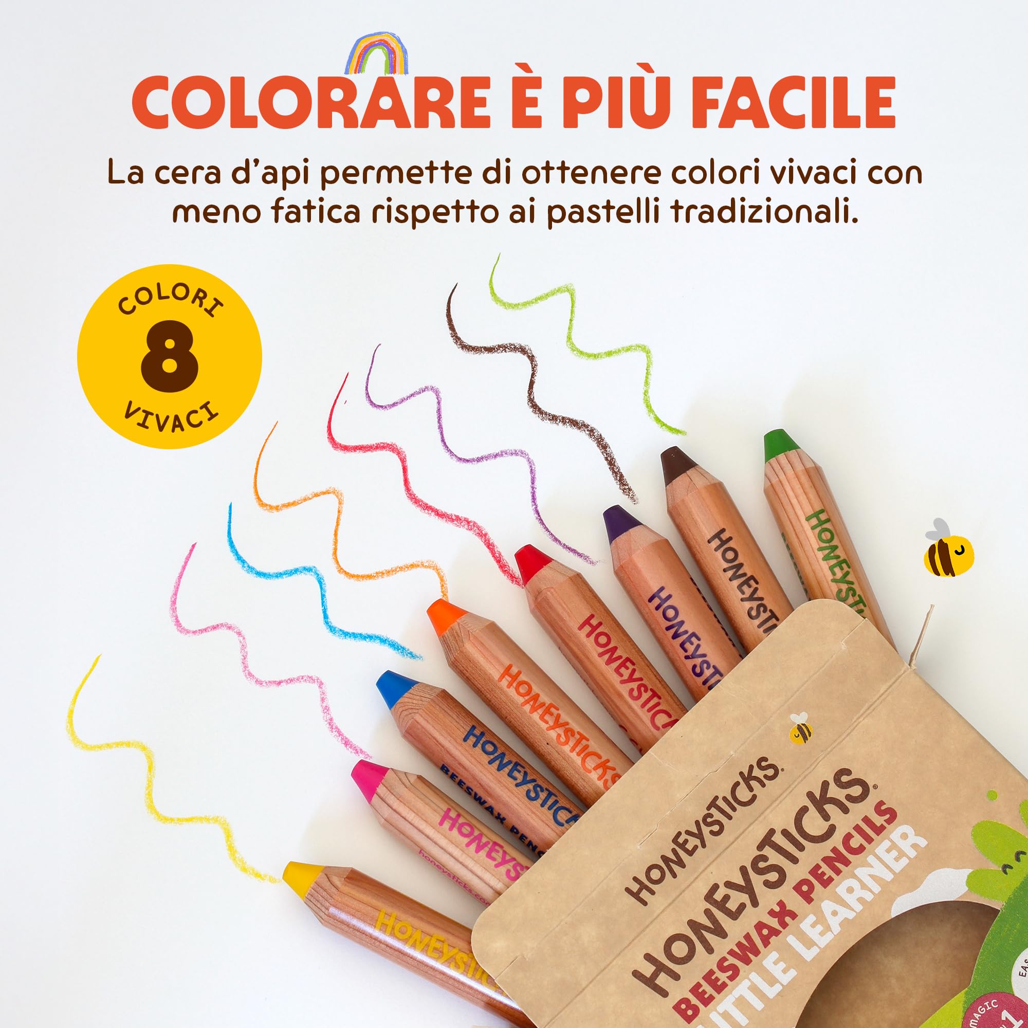 Honeysticks Matitoni Colorati per Bambini Jumbo Little Learner (Set da 8) – Pastelli Colorati con Mina in Cera d’Api Atossica, Facili da Impugnare, Colori Vivaci per Disegnare e Colorare