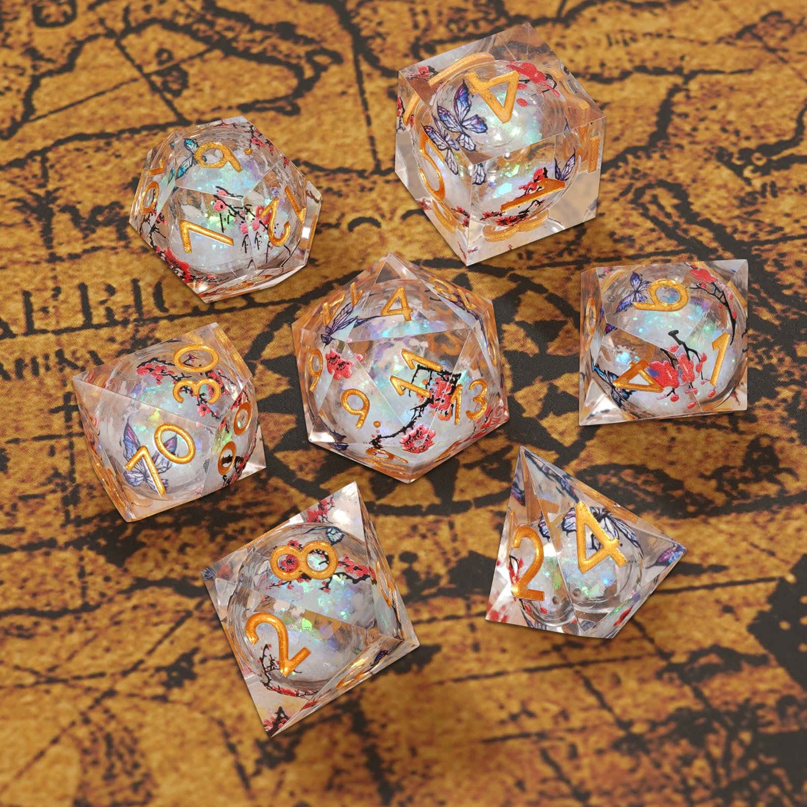 Set di dadi DND a forma di farfalla e fiore di prugno, per giochi di ruolo, con scatola, 7 dadi in resina poliedrica con bordi affilati, set con Beauty Since, D% D20 D12 D10 D8 D6 D4 dadi (bianco