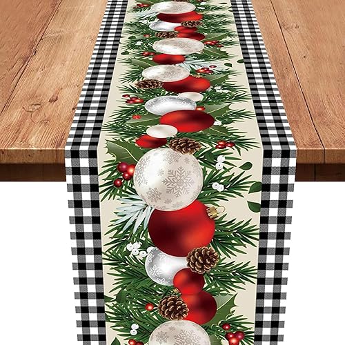 Caminos de mesa de Navidad, camino de mesa de lino de Navidad con diseño de búfalo blanco y negro, para decoración de Navidad, 70.9 x 13.8 in