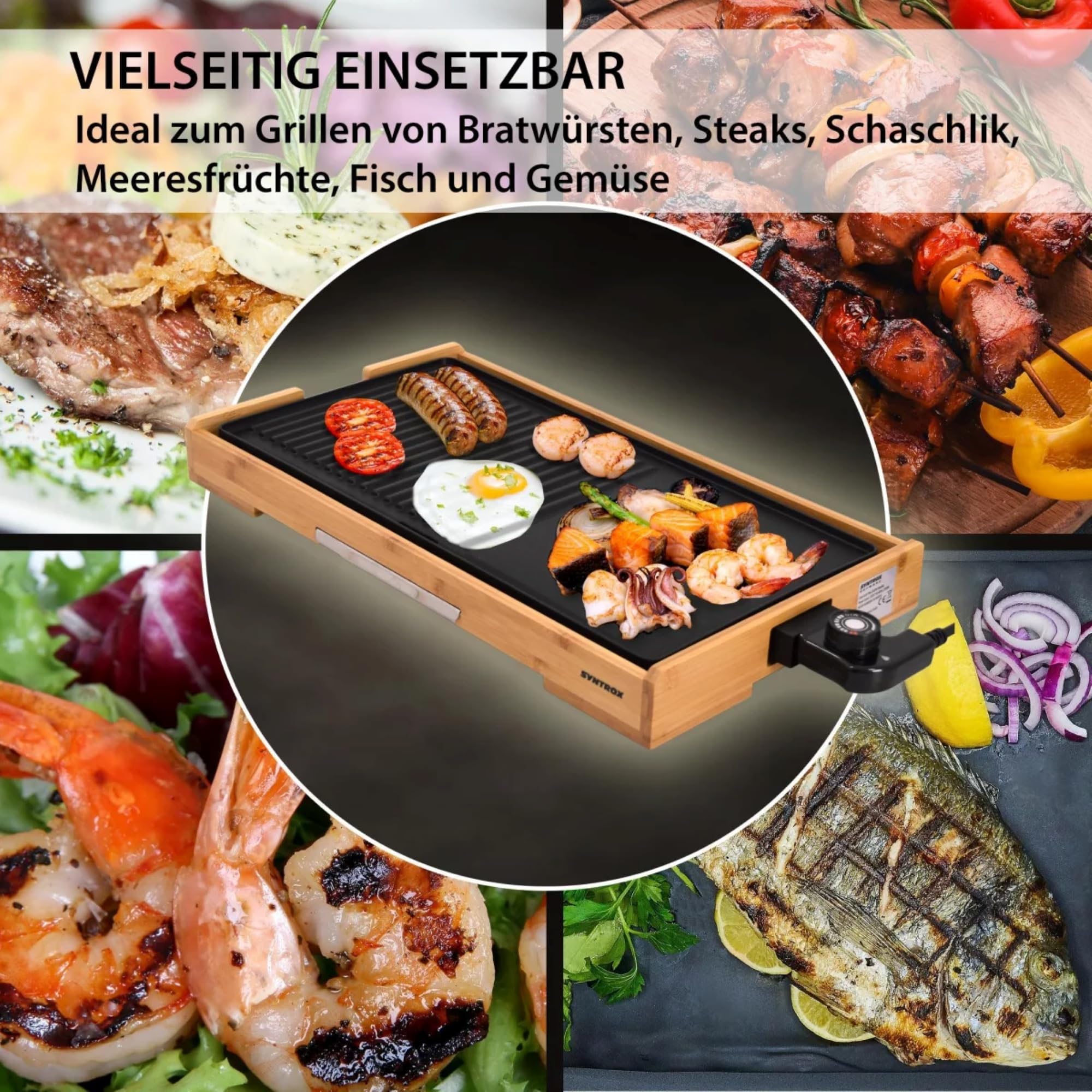 Syntrox Germany Elektrogrill Plancha Splendira, Tischgrill, 2200 Watt, Kontaktgrill, Grillplatte, Campinggrill, Antihaftbeschichtete Grillplatten, inklusive Thermostat, Schwarz-Bambus