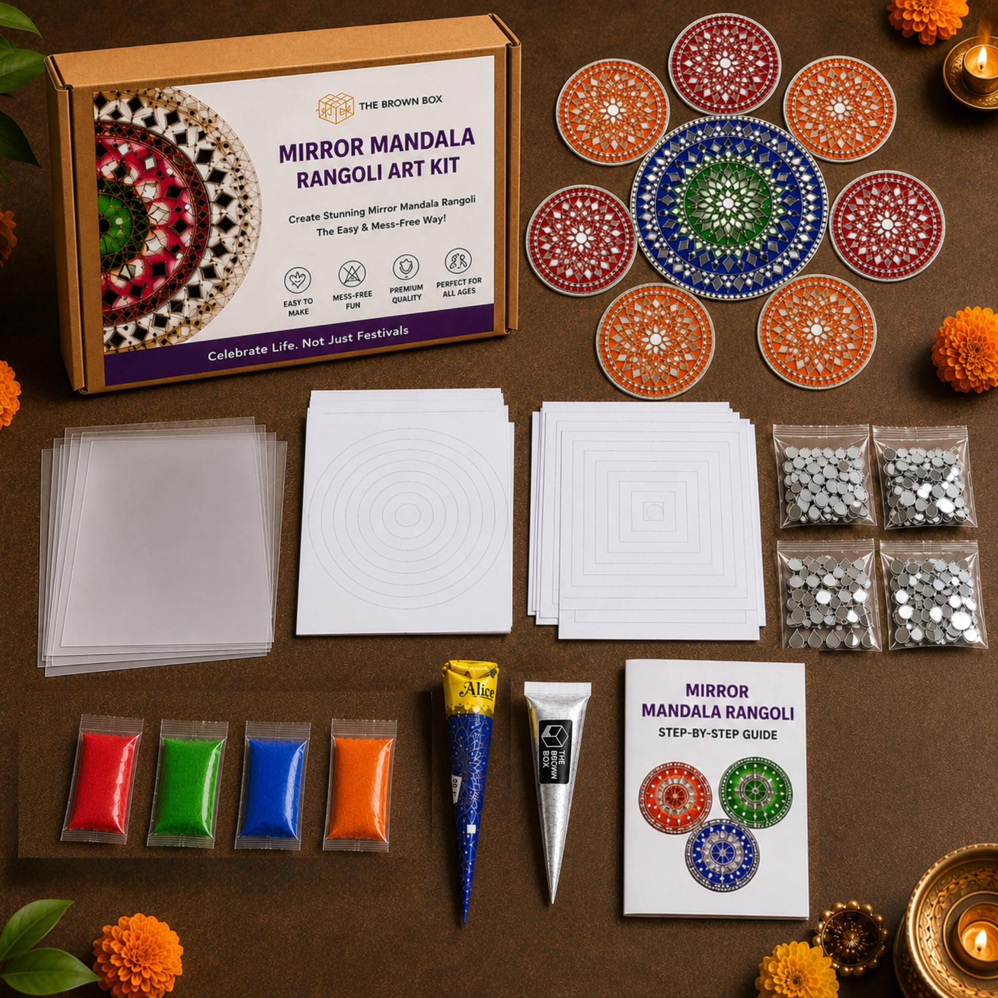 Mirror Mandala Rangoli Making Kit | DIY Reusable Rangoli Art with OHP Sheets, Craft Mirrors, 4 Rangoli Colours & 3D Silver Outliner | Diwali Navratri Ganpati Home Decor Gift-image-20