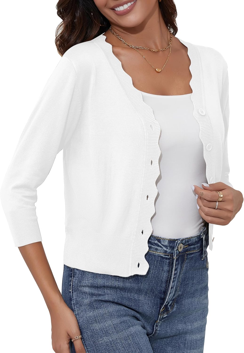 Women's Cropped Cardigans 3/4 Sleeve Button Down Lightweight Cardigan Sweaters Scalloped Edged Bolero Shrugs - Image 2