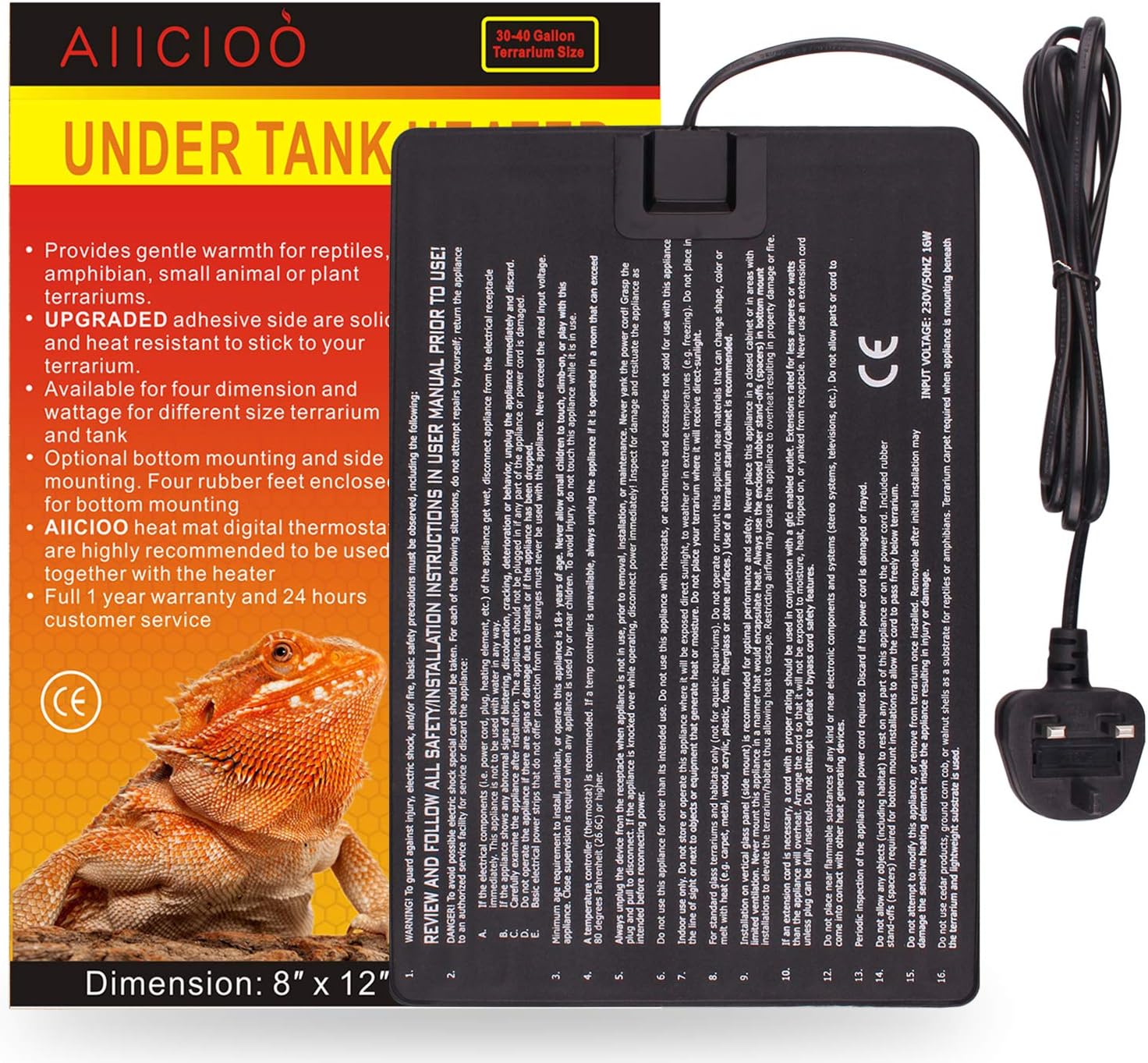 AIICIOO Lizard Vivarium Tank Warmer - 16W Heated Mats Terrarium Aquarium Heating Mat for Reptiles