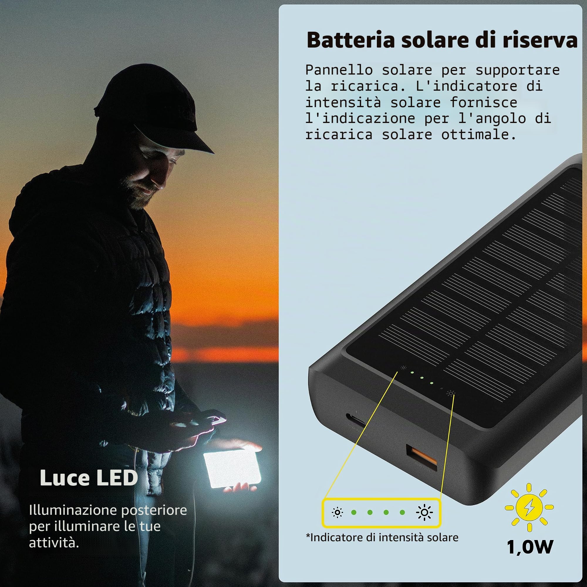 Xtorm Go2 Solar power bank 10.000mAh 15W con moschettone e torcia | Ideale per uso outdoor, trekking, campeggio, porta USB-C e USB-A, pannello solare integrato, cavo USB-C incluso