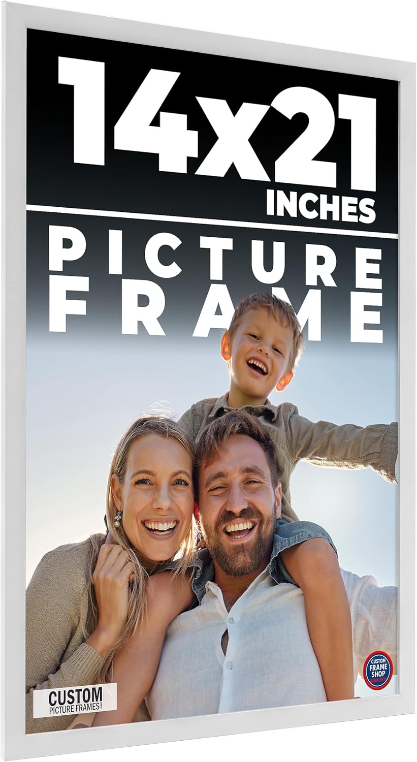 14x21 Frame White Real Wood Picture Frame Width 0.75 Inches | Interior Frame Depth 0.5 Inches | Bianca Mid Century Photo Frame Complete with UV Acrylic, Foam Board Backing & Hanging Hardware