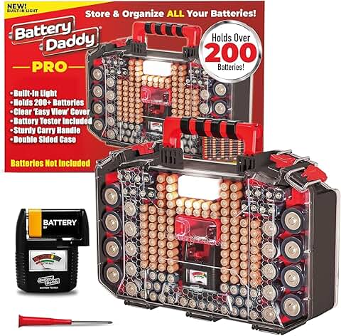 Battery Daddy Storage & Organizer Case w/Light and Tester, Stores & Protects Over 200 Batteries, Double-Sid