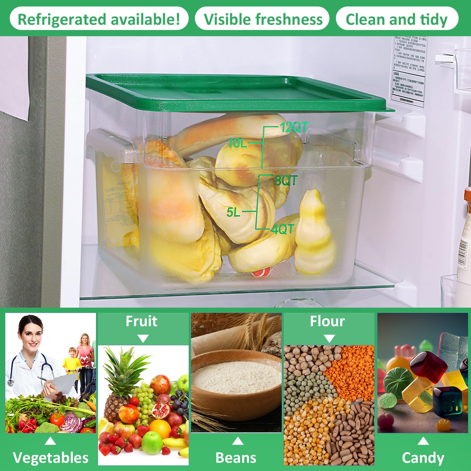 Yungyan Confezione da 6 contenitori per alimenti con coperchi, 12 qt, trasparenti, quadrati, in policarbonato, con graduazioni e manici, per cucina, ristorante, pane, impasti e sous vide
