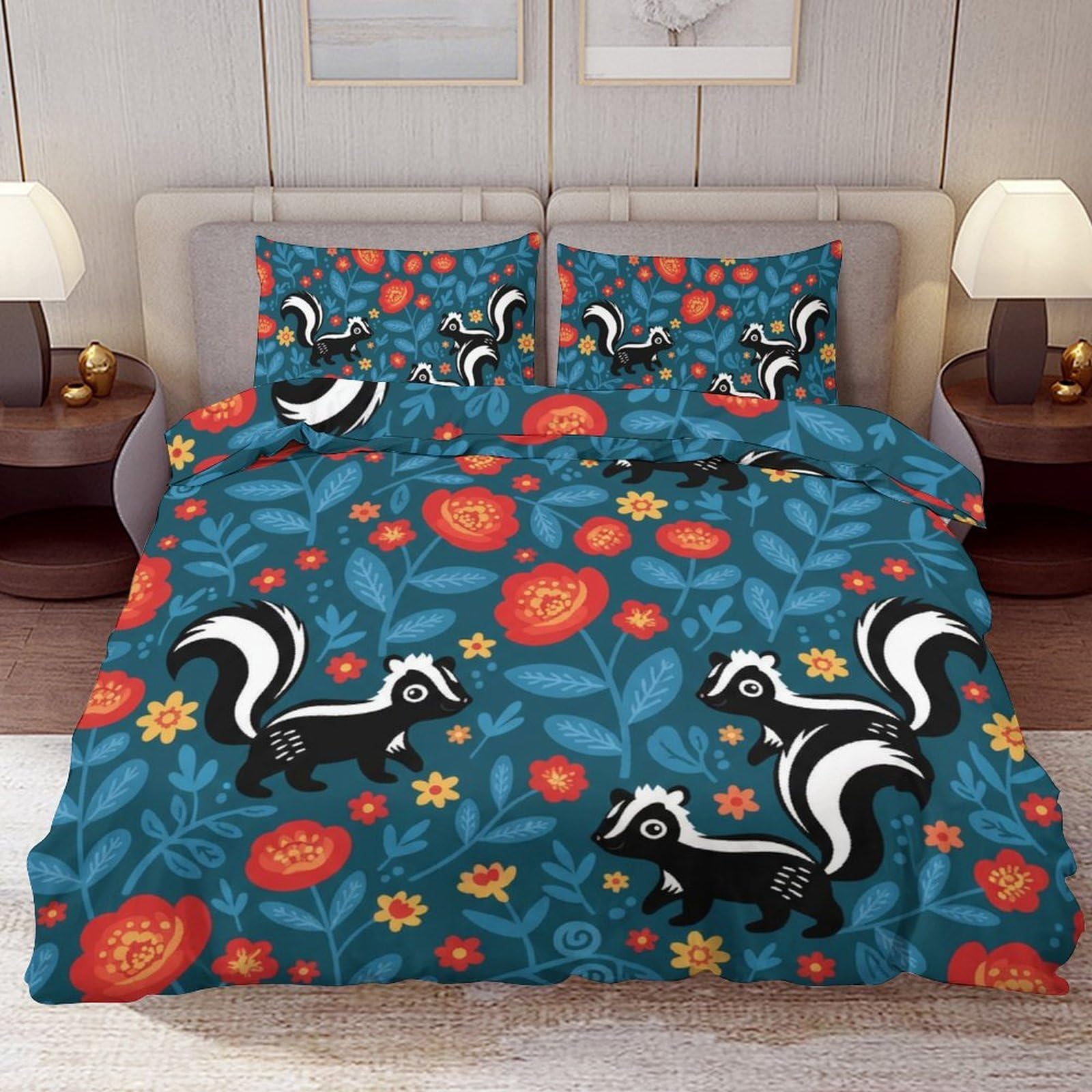 Delerain Comforter Cover Set Queen Size, Cute Skunk Folk Art 3-Piece Bedding Set for Women Men Modern Soft Microfiber Bedroom Set Room Decor, 1 Duvet Cover + 2 Pillowcases