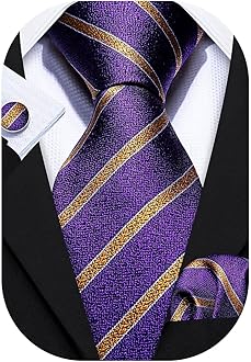 Barry.Wang Tie Sets for Men Silk Stripe Necktie Woven Checkered Handkerchief Cufflinks Formal Business Wedding