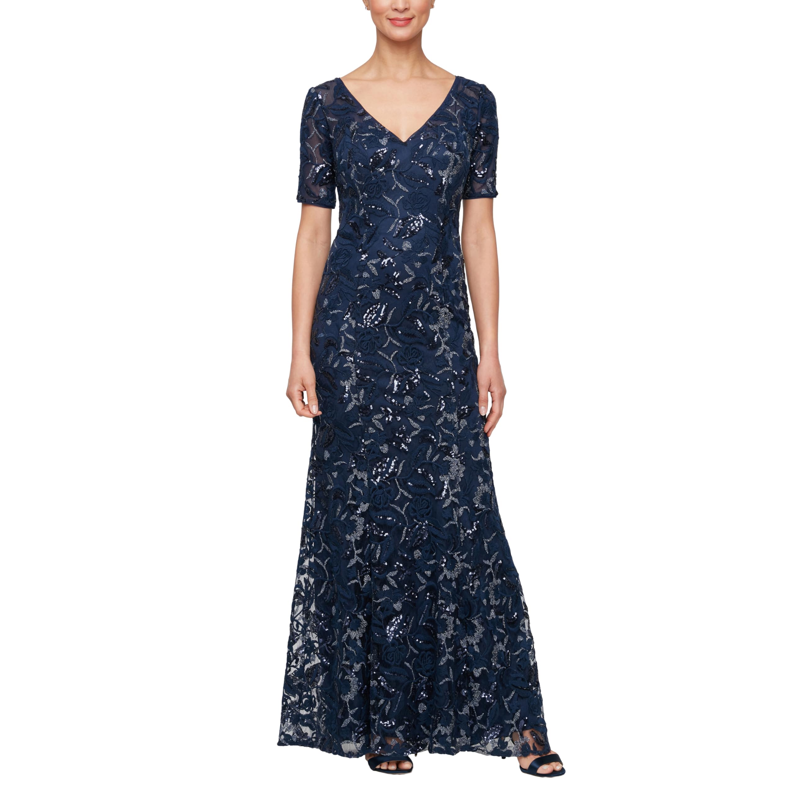 Photo 1 of Alex Evenings Women's Long Length A-line Sequin Lace V-Neck Mother of the Bride Dress, Formal Event Gown with Short Sleeves, Navy, 10