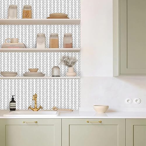 Miniatura 7 de Papel tapiz autoadhesivo extraíble a rayas en blanco y negro para decoración de dormitorio, encimera, estantes, cajones, 17.71 x 393 pulgadas
