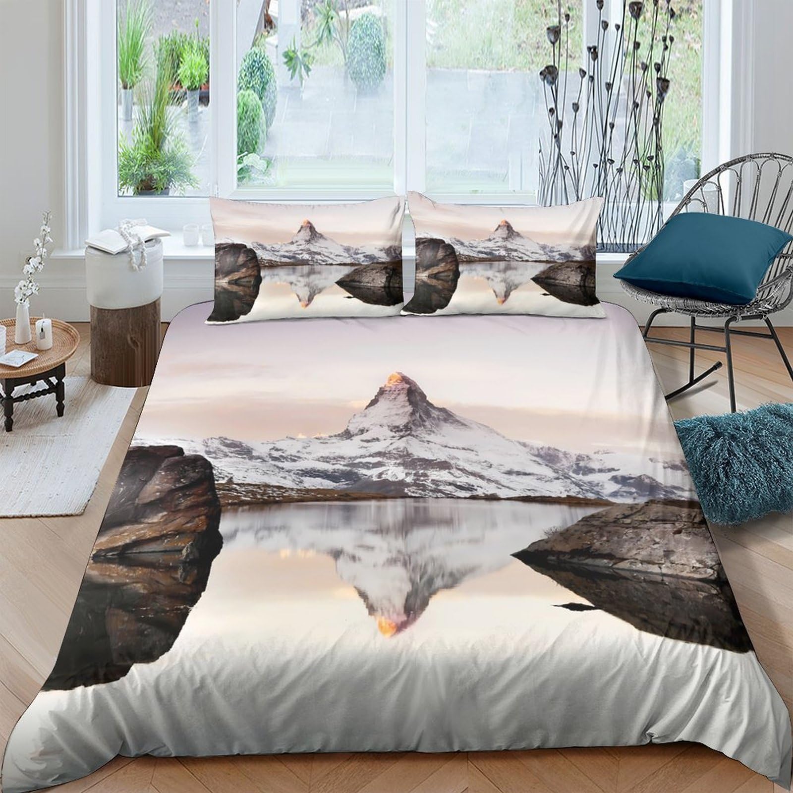 Ctjqhvkz Style-3 3D Printed Mountain Lake Reflection Fitted Sheet Microfiber Soft Breathable Scenic Bed Cover For Bedroom Guestroom Mattress Protection Single（135X200cm）