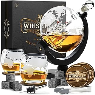 WHISISKEY Whisky Karaffe Set - Whiskey Geschenkset - Geschenke für Männer - Männergeschenke Geschenk - Geburtstagsgeschenk Mann - Globus Dekanter 900ML, Geschenkbox, 2 Gläser, 8 Whisky Steine