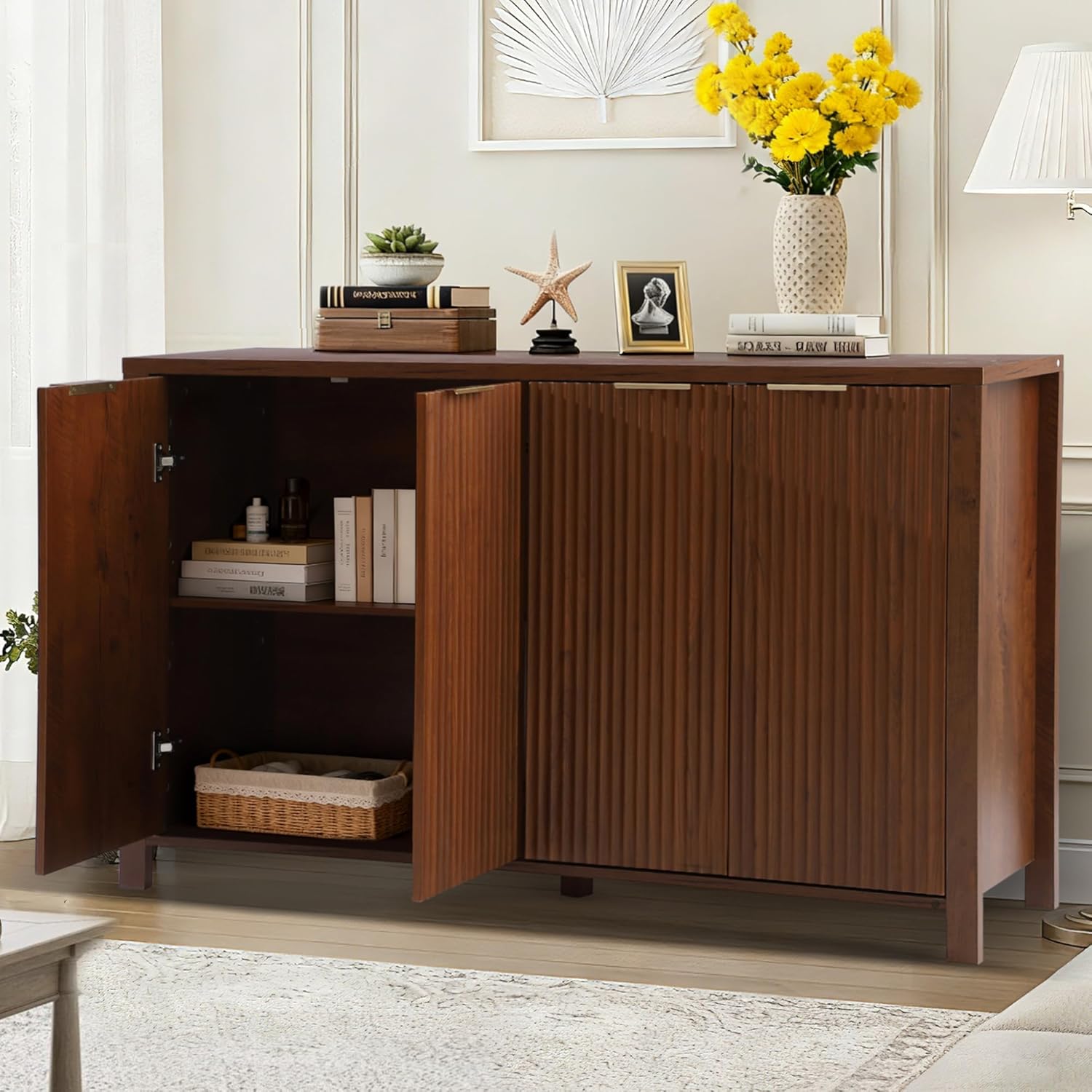 TITIMO Fluted Sideboard Buffet Cabinet with Storage, 55" Large Accent Cabinet Credenza W/4 Doors & Adjustable Shelves, Wood Console Bar Table for Living Dining Room Kitchen Entryway (Brown)