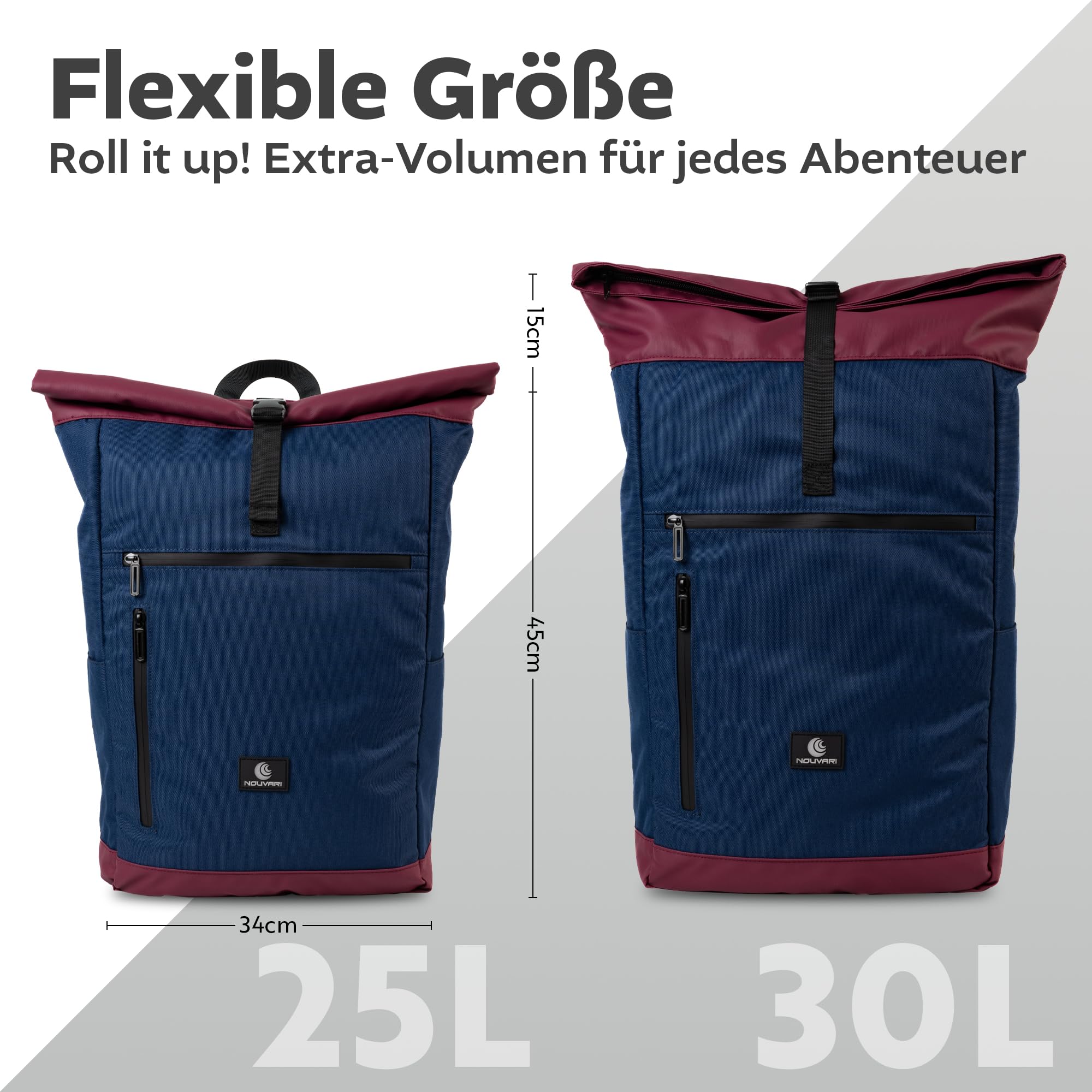 Nouvari Rolltop Rucksack Herren Damen Wasserabweisender Rucksack schwarz mit 17" Laptopfach für Uni Arbeit Freizeit Reiserucksack Groß Backpack Wanderrucksack Rollrucksack 30l