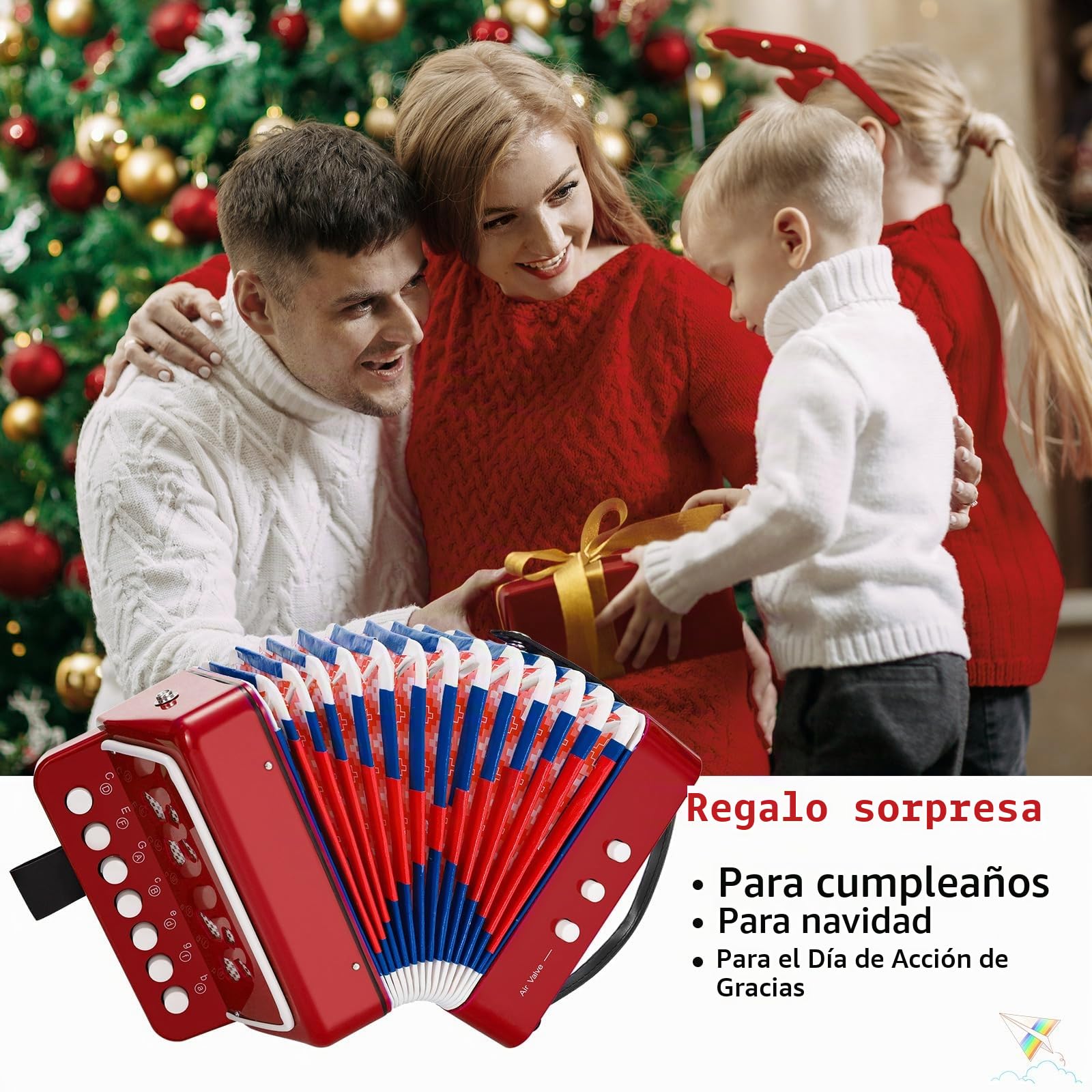 Acordeon Niño, Acordeón Infantil de 10 Teclas con Correas, Instrumento Musical de Acordeón Regalo para Principiantes, Instrumento Musical Acordeón para Niños de Más de 3 Años, Rojo