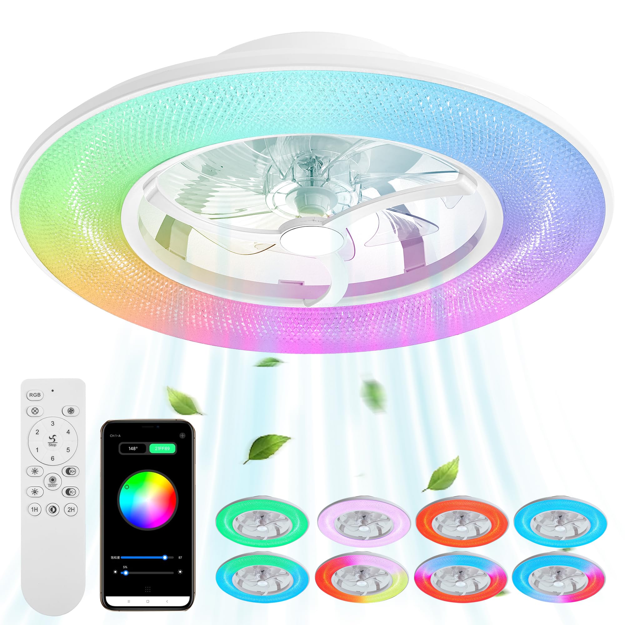 Photo 1 of RGB Bladeless Ceiling Fan with Lights, 22" Crystal Lampshade Low Profile Ceiling Fan with and Remote/APP Control, Modern Enclosed Flush Mount Ceiling Fan Reversible 6 Speeds 22 Inch RGB light, Smart Crystal lampshade | White