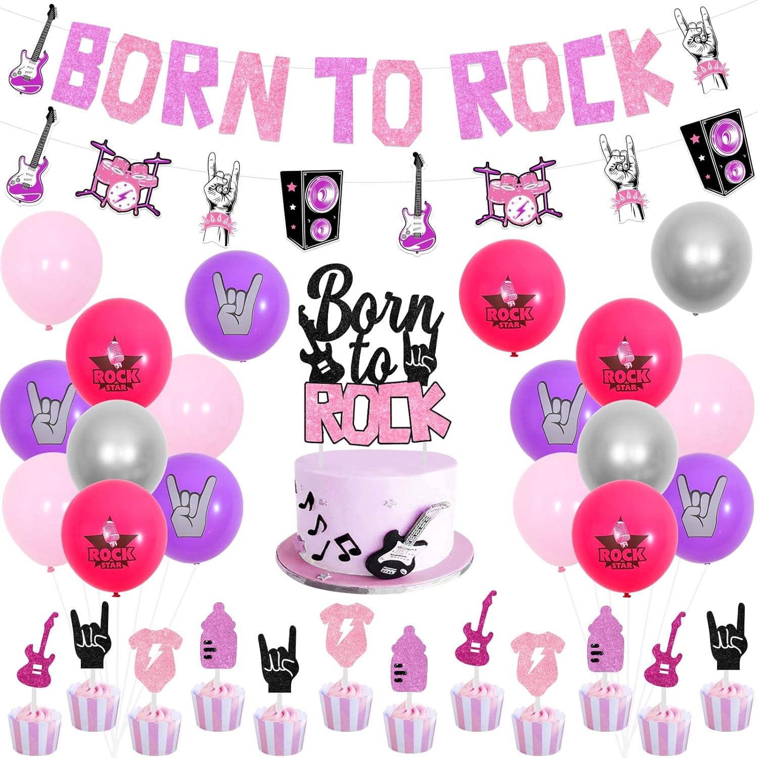 JOYMEMO Pink Purple Baby Shower Decorations for Girls - Born to Rock Banner Cake Topper, Rock and Roll Garland Cake Topper, Rocker Printed Balloons, Music Themed Baby Shower Party Supplies