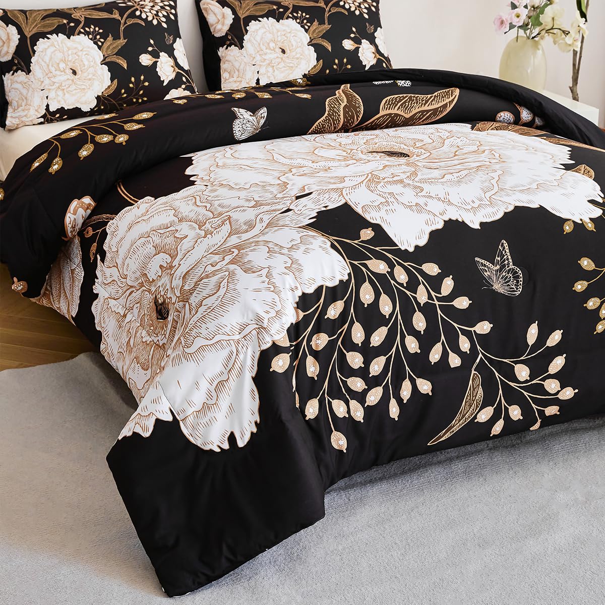 STYHO Floral Duvet Cover Set Black King 3Pcs Farmhouse White Flower and Butterfly Printed Bedding Set Soft Microfiber Botanical Themed Duvet Covers with Pillowcases(Black - Image 4