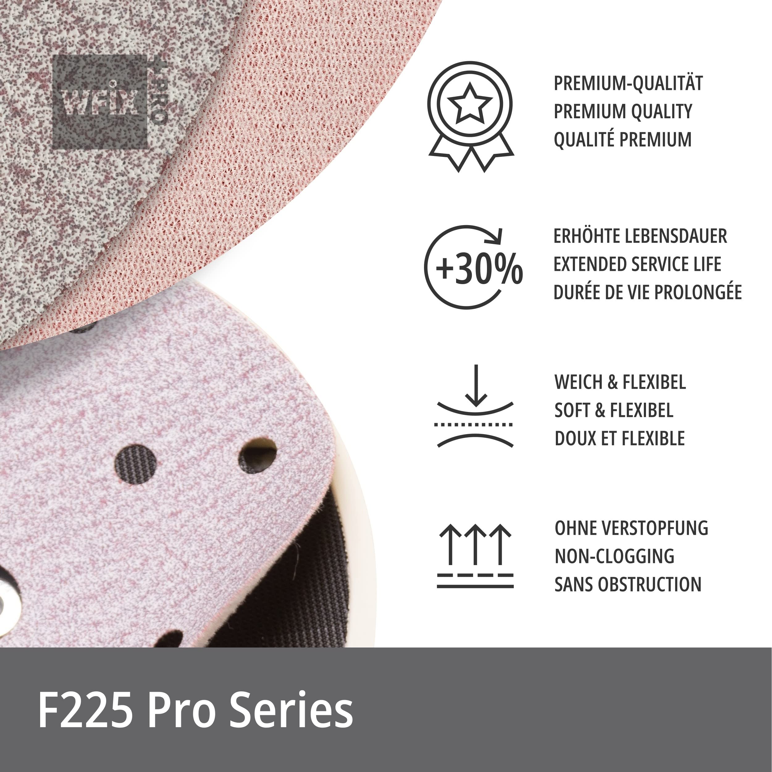 Wfix PRO F225 Dischi Abrasivi 150 mm P320 fine, 100 Pezzi, 48 Fori | 150 mm, P320, 100 pezzi, 48 fori, ossido di alluminio, rivestimento stearato, per carrozzeria, nautica, carpenteria e legno