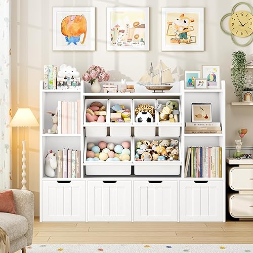 Miniatura 5 de FINETONES Organizador de almacenamiento de juguetes de 55.1 pulgadas con 6 cubos de juguetes, organizador grande de juguetes, estantería para niños