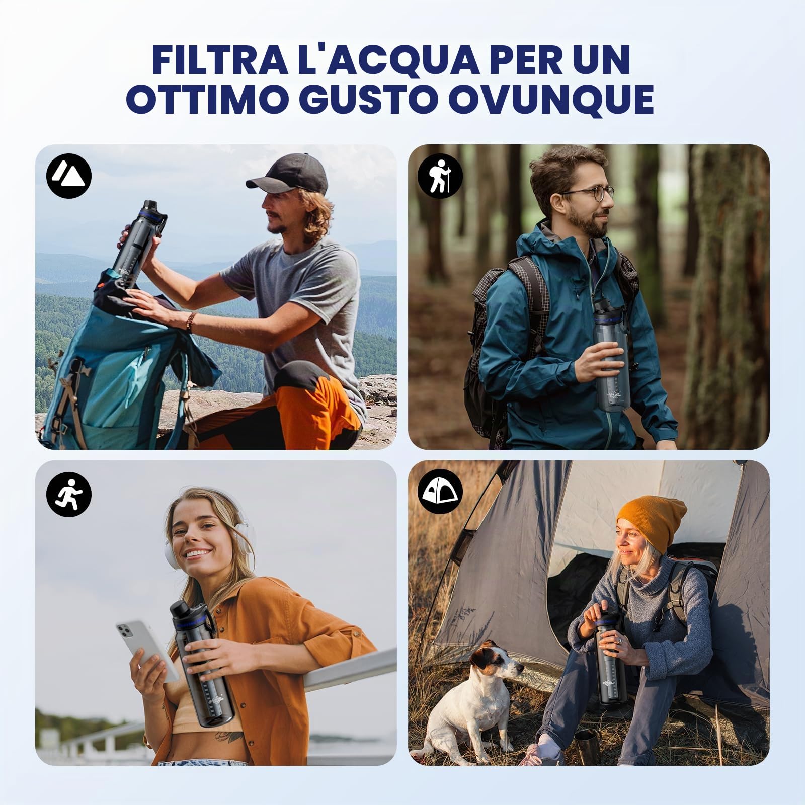 Membrane Solutions Borraccia Filtrante dell'Acqua Potabile 1L, con Cartuccia Filtro ACF + UF, Rimuove il 99,9999% di E.coli, Precisione del filtro 0,1 μm, senza BPA, Emergenze, Campeggio, Grigio