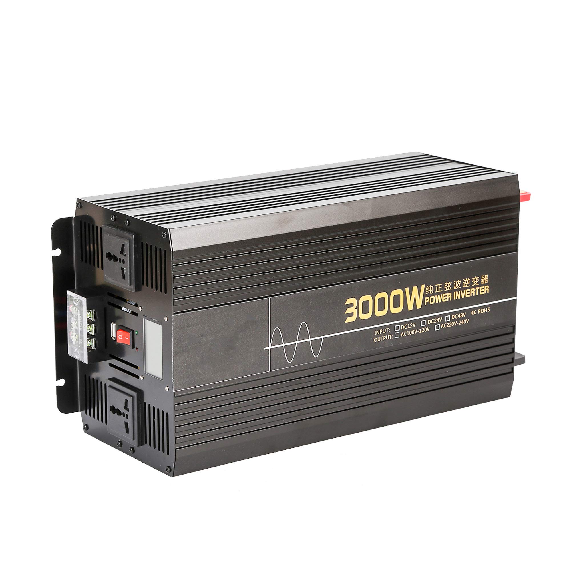 Reiner Sinus-Wechselrichter, 3000 Watt 12 V / 24 V DC Bis 110 V / 220 V, Mit Zwei Wechselstromsteckdosen Und USB-Anschluss Für Notfälle Im Wohnmobil-Solarsystem,Dc 12v