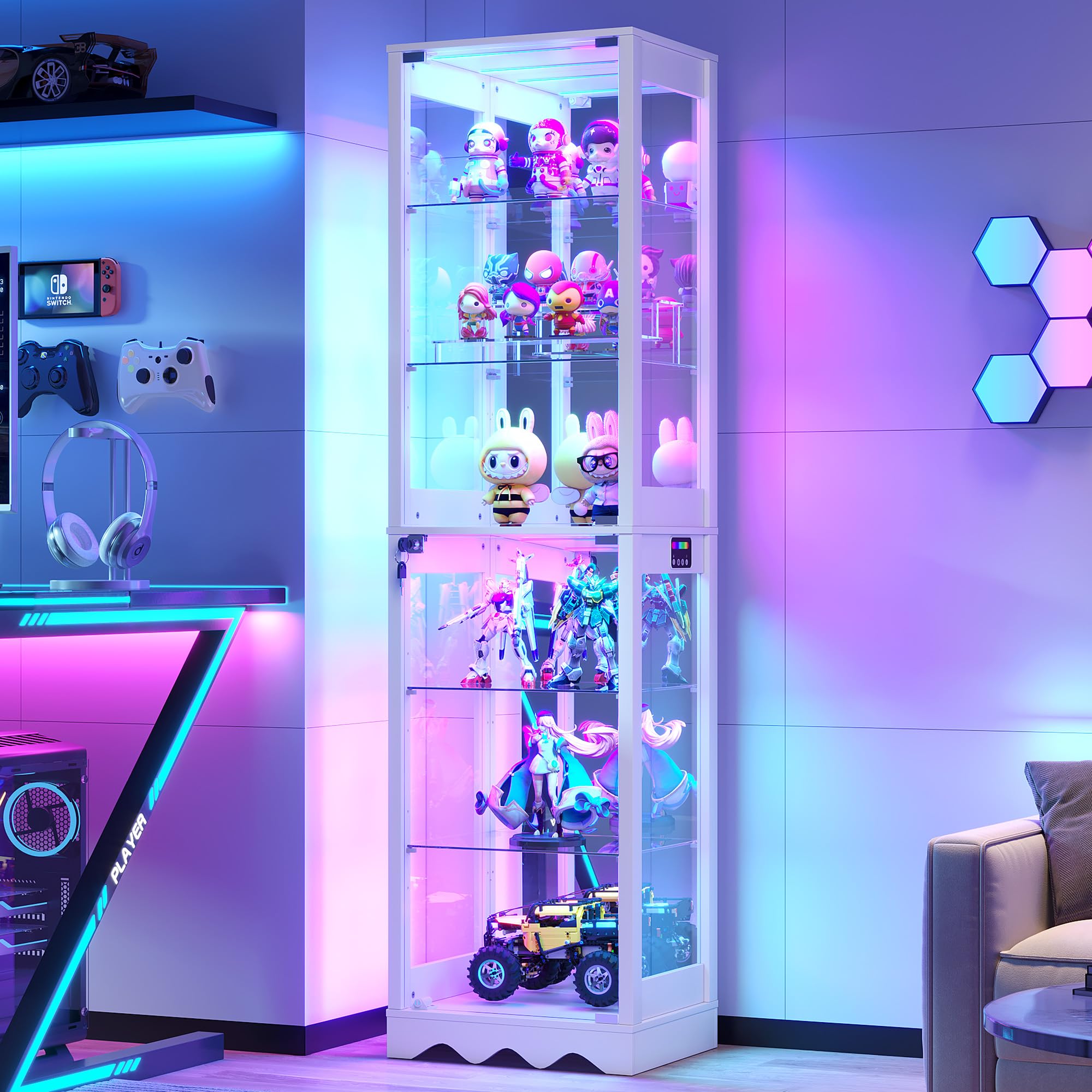 FREDEES Glasvitrine mit Glastüren, 6-stufige Vitrine mit RGB LED | Verstellbare Regalböden, Bewegungssensor, Moderne LED Glasvitrine für Sammlerstücke, Weiß
