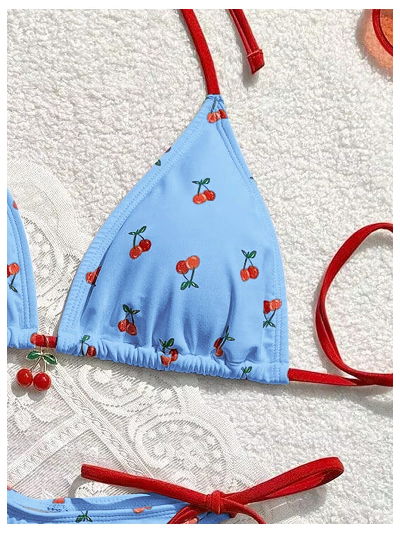 Damski 2-częściowy strój kąpielowy z nadrukiem wiśni bikini zestaw wiązany na szyi trójkątny boczny krawat stringi kostiumy kąpielowe niebieski średni