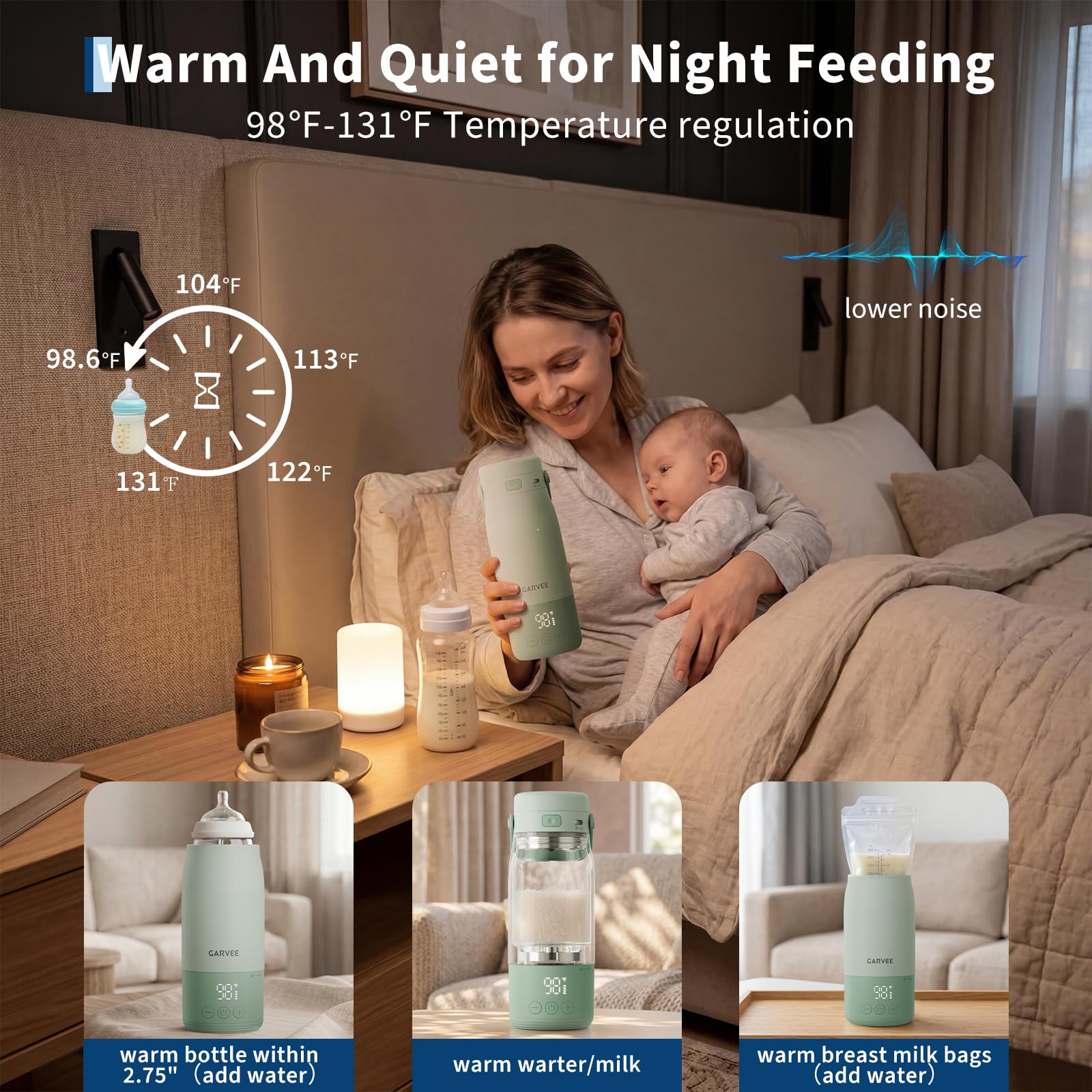 Chauffe Biberon Portable Sans Fil,Chauffe Biberon Nomade 500ml Bouteille Isotherme Acier Inoxydable 316 Base Détachable Plus Sûr Charge Rapide Autonomie Parfait Chauffe Lait Maternel