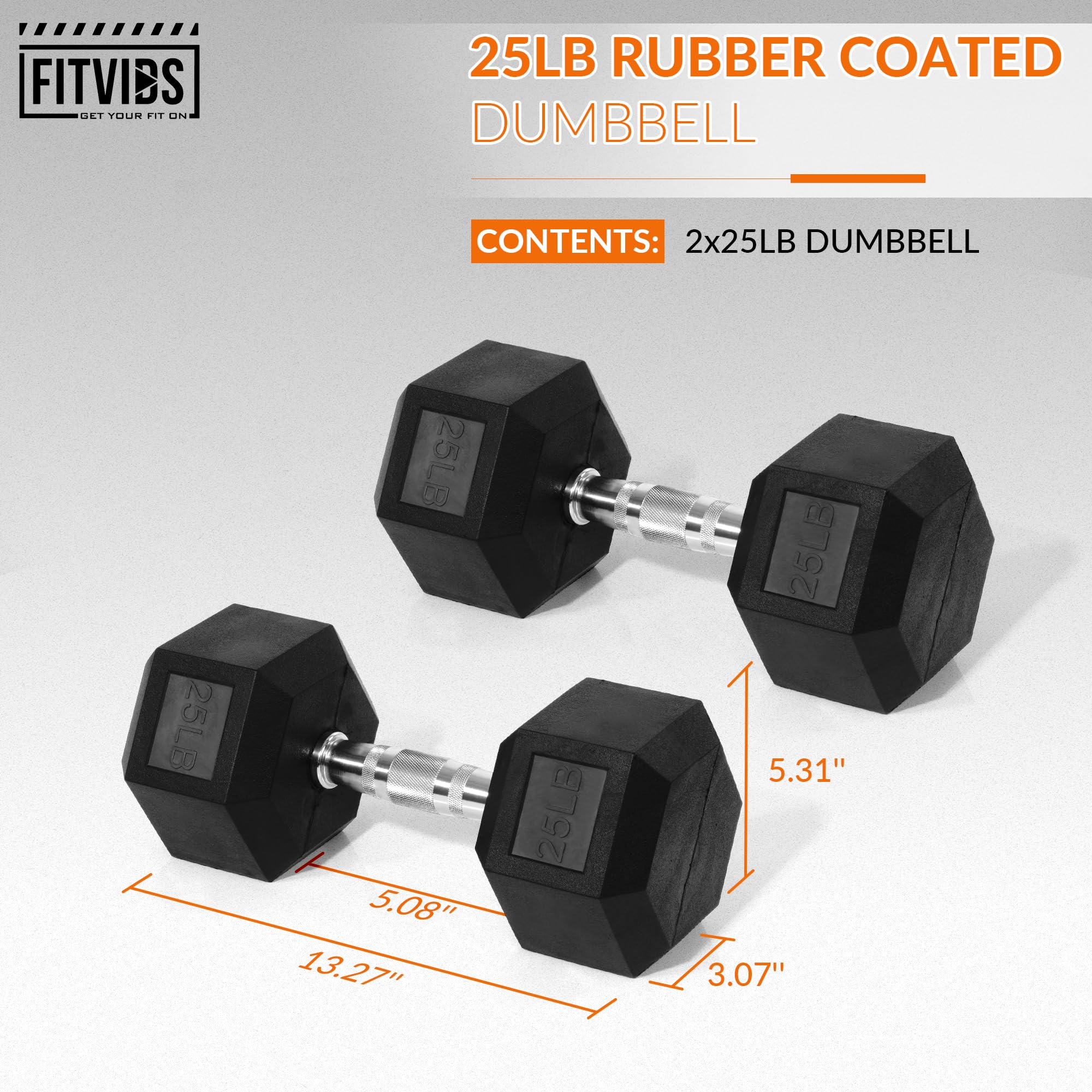 Fitvids Rubber Encased Hex Dumbbell, Hand Weights with Anti-Slip Cast Iron Grip for Exercise & Fitness, Weights Dumbbells Set of 2 for Strength Training, 5-50 LBS Pair