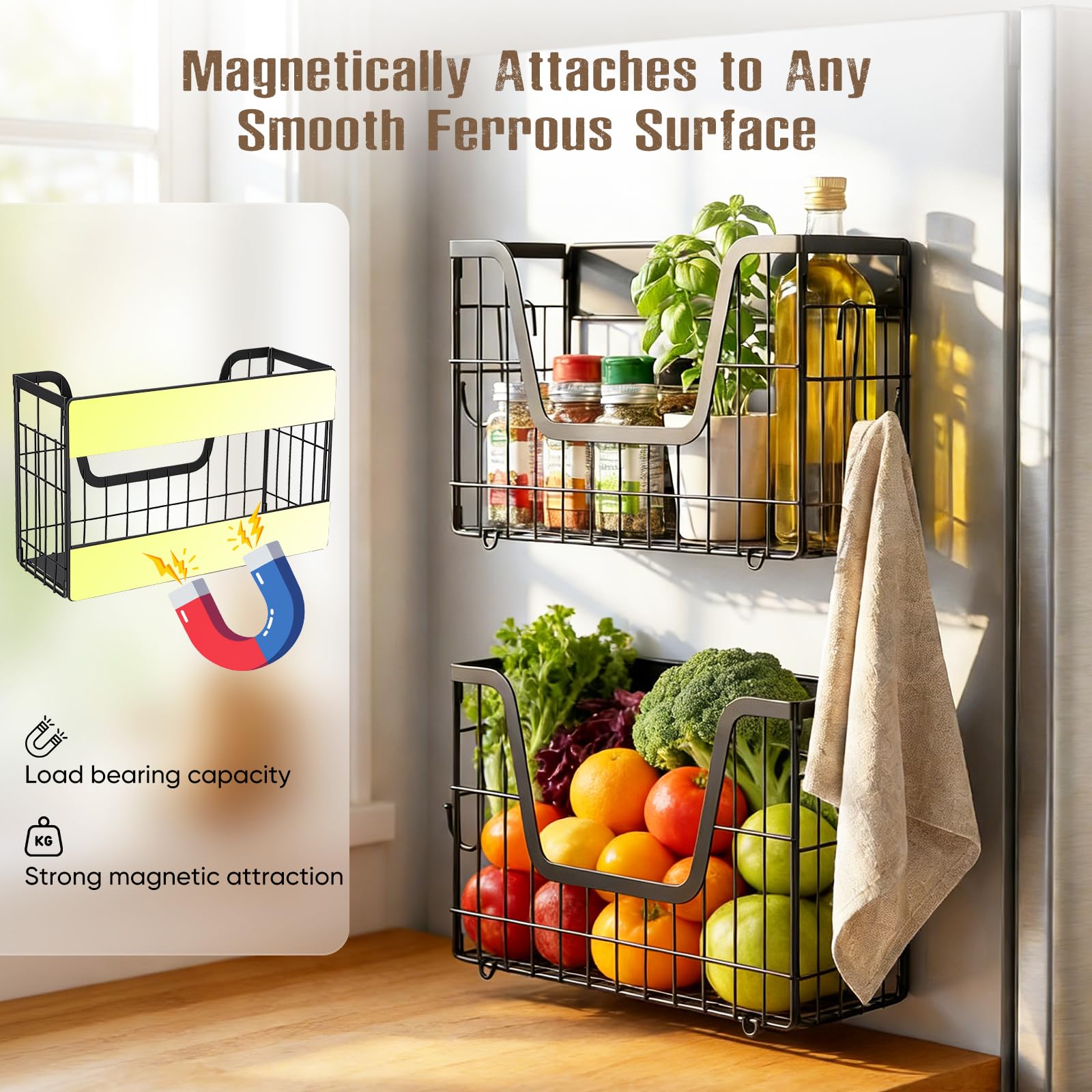 Scaffali Magnetici per Frigorifero, 2 Pezzi Cestini per Frutta Magnetici Scaffale Magnetico per Frigorifero Scaffale da Cucina senza Trapano Scaffale per Spezie Magnetico