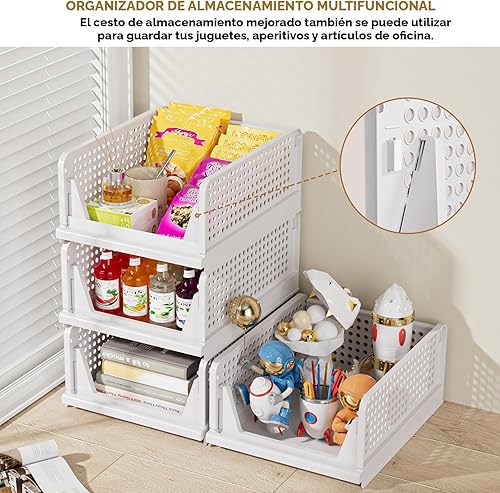 Vista 7 de SNSLXH Paquete de 5 cestas apilables de almacenamiento de armario, organizador multifuncional y plegable para baño, cocina, lavandería, armario