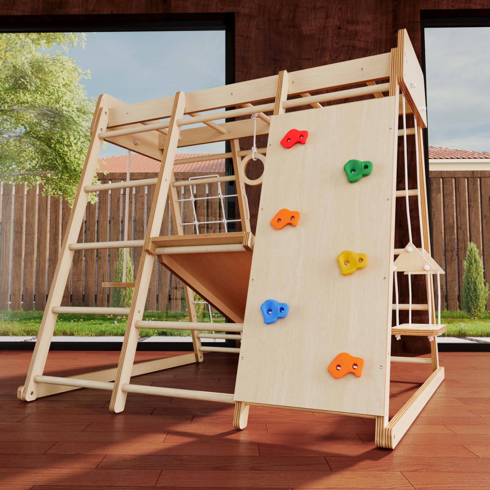 LINKHOO Large Wooden Indoor Jungle Gym for Kids Ages 2-6, Montessori Climber Playset w/Slide, Climbing Net, Monkey Bars, Swing- Indoor Playground