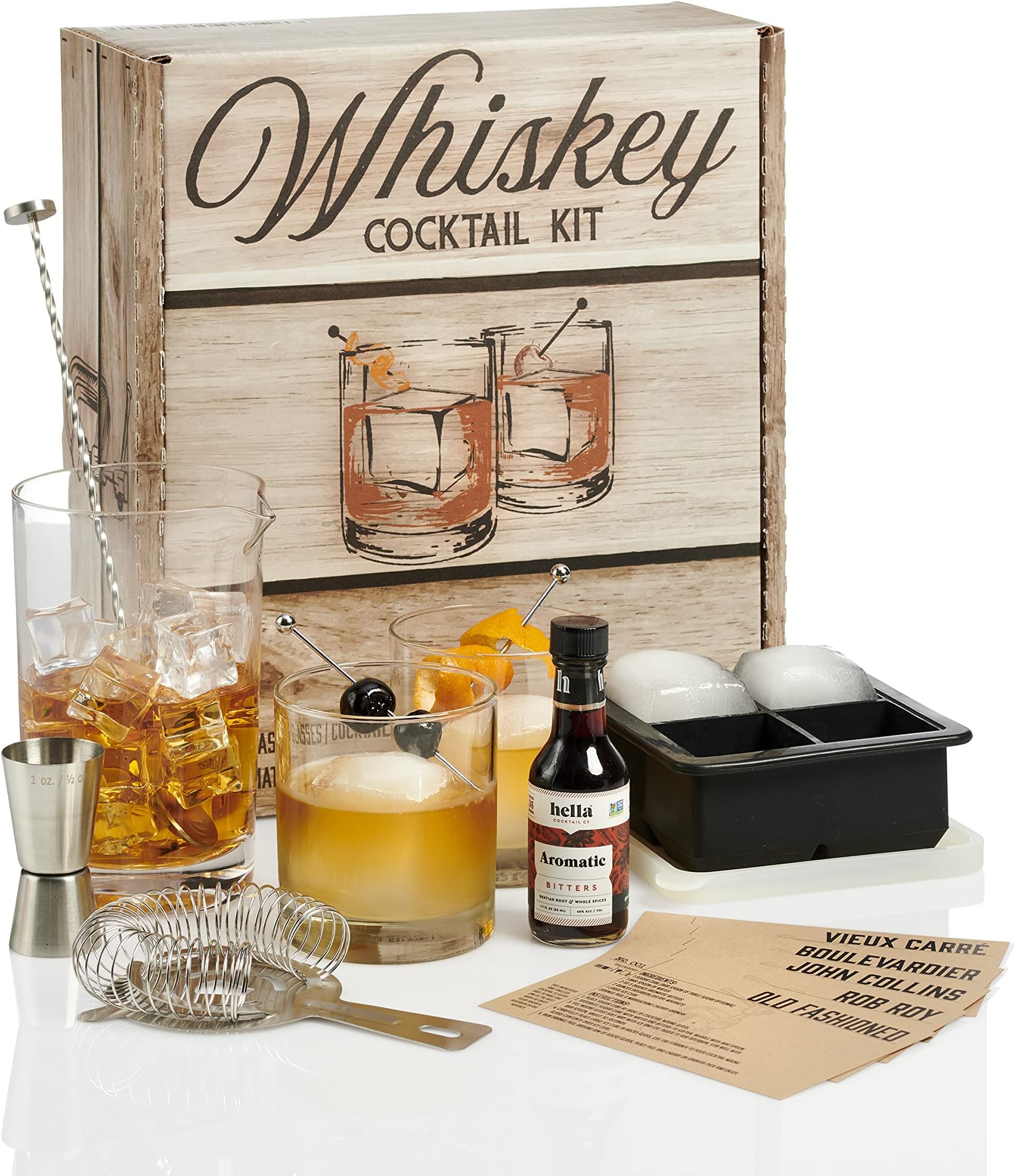 Whiskey Cocktail Kit: Rocks Drinking Glass Set, 750ml Crystal Mixing Glass, Ice Cube Mold, Stainless Bar Spoon Muddler, Strainer, Jigger, Garnish Picks, Bitters, Recipes Cards for Old Fashioned & More