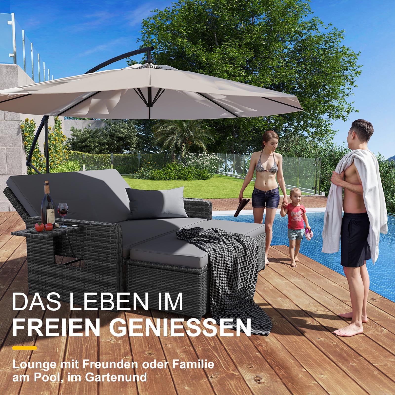 UDPATIO Rattan Lounge Möbel Outdoor, Lounge Balkonmöbel Gartensofa mit Hocker,Rattan Sofa mit Stauraum, Verstellbares 2 Sitzer Garten-Bett für Terrasse,Balkon,Garten,Grau-meliert & Dunkelgraue Bezüge