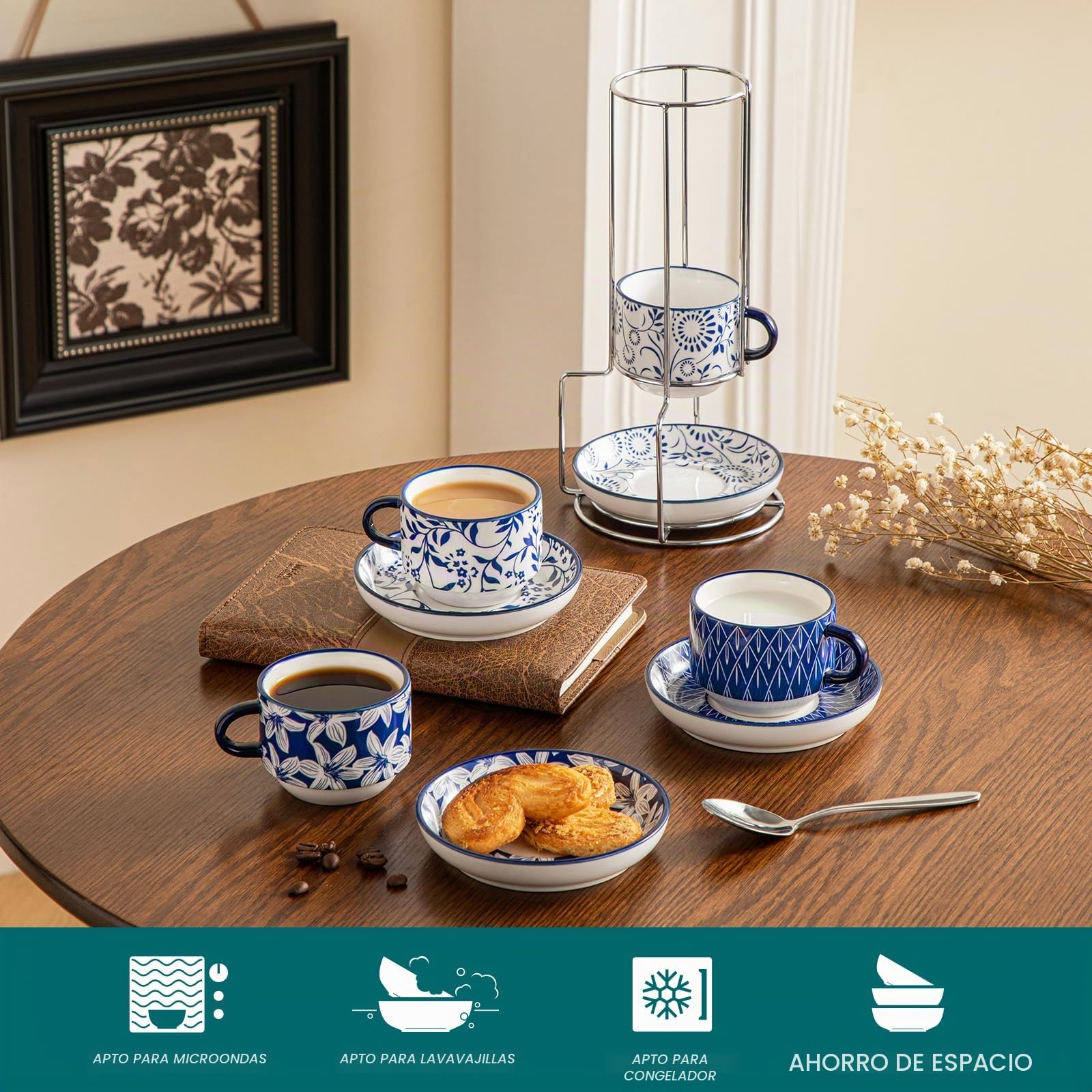vancasso SELENE - Juego de Tazas de Café y Desayuno con Plato y Soportes - 4 x 150 ml - Tazas de Porcelana Para Té, Capuchino, Leche, Avena, Apto Lavavajillas y Microondas - Vintage en Azul y Blanco