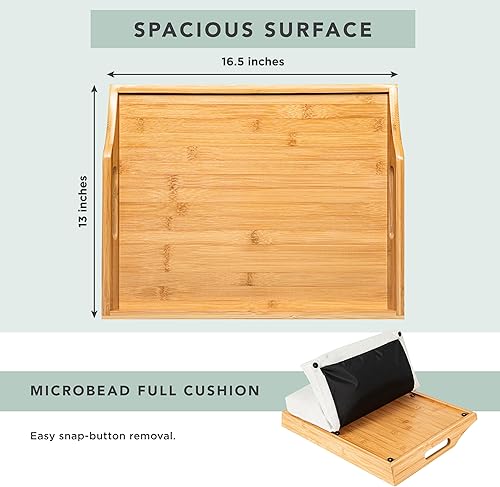 Miniatura 5 de ROSSIE HOME Bandeja de cama de madera de bambú, escritorio de regazo con cojín desmontable, bandeja para servir, natural, se adapta a portátiles de