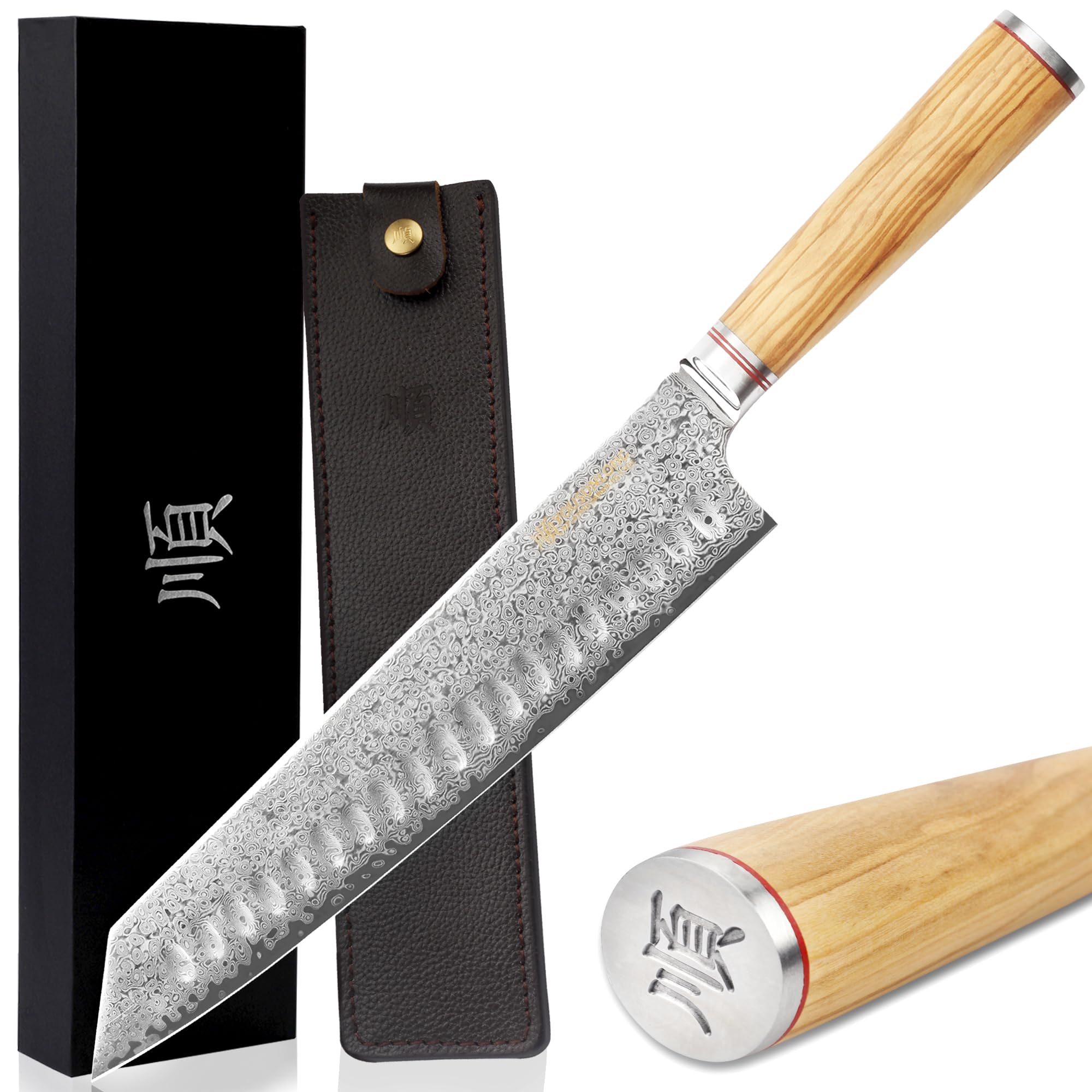 YOUSUNLONG Cuchillos de cocinero Kiritsuke 25,4 cm - Acero de Damasco martillado japonés - Súper afilado - Mango de madera de olivo italiano con funda de cuero - Cuchillos de cocina