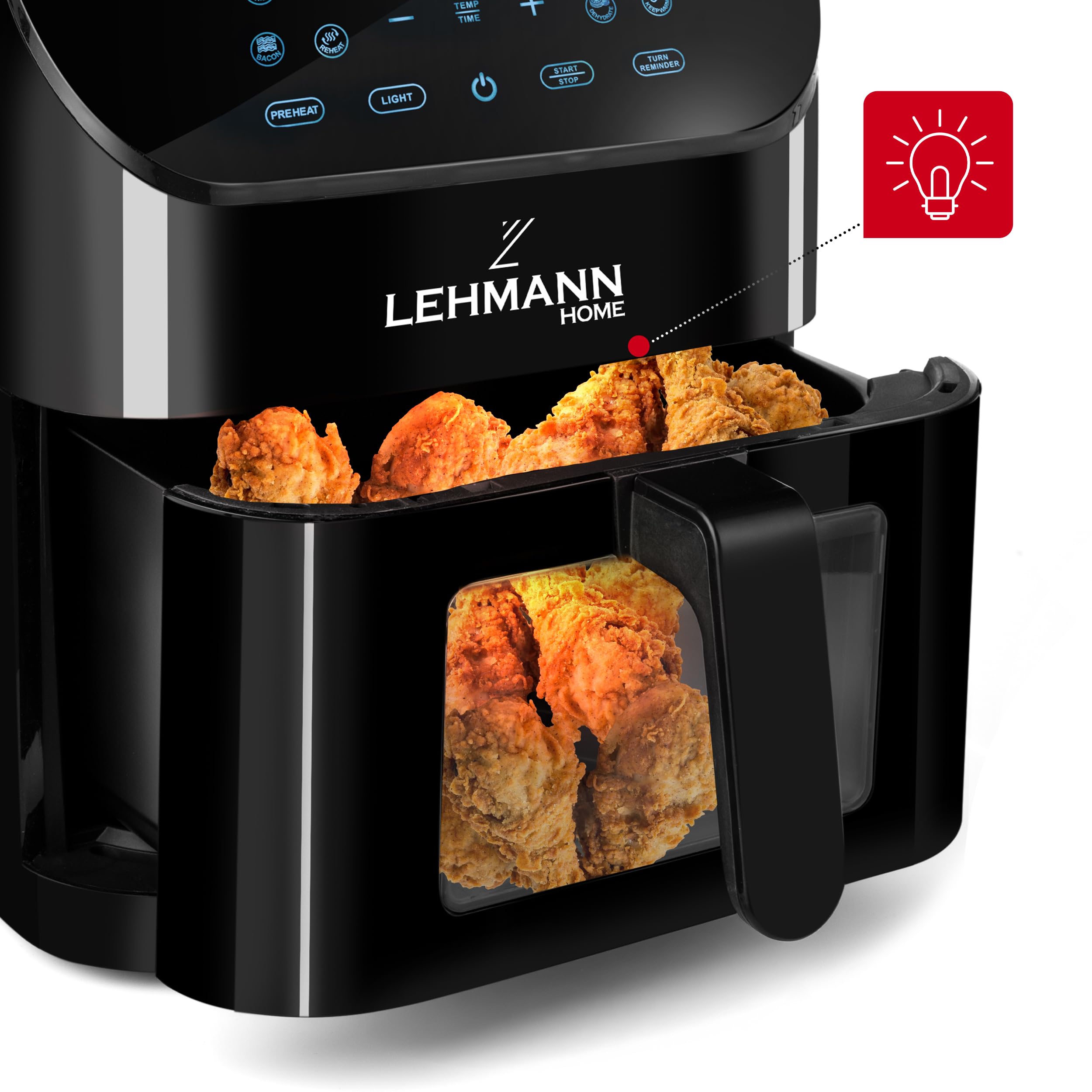 LEHMANN Friggitrice ad Aria 8 Litri, Air Fryer XXL con Inserto Divisorio per Doppio Scomparto, Finestra di Visualizzazione, 12 Programmi & Regolazione Manuale 76–200°C, Lavabile in Lavastoviglie