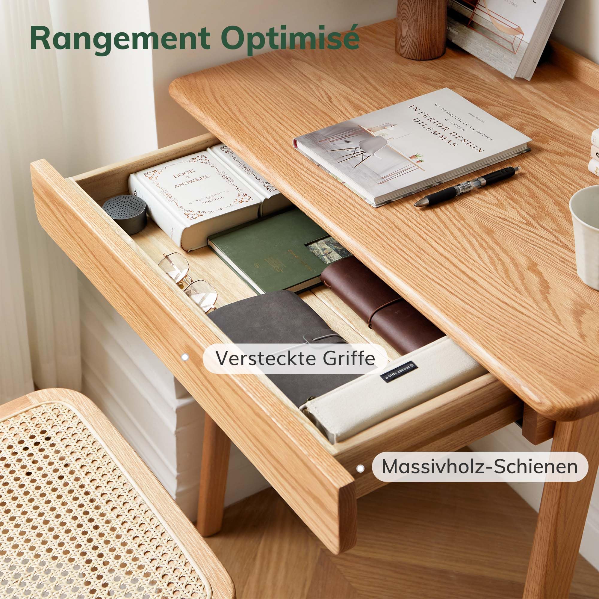 YESWOOD Kleiner Schreibtisch Massivholz mit schubladen,80X48X78CM