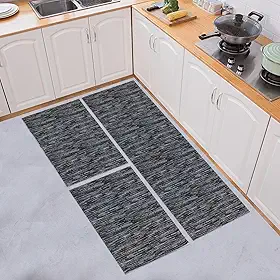 Kit Tapete de Cozinha 3 peças com Passadeira e Tapetes Antiderrapantes (Mesclado Preto)